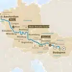 River cruise map from Amsterdam along the Rhine, Main and Danube via Cologne, Würzburg, Nuremberg, Regensburg and Vienna to Budapest.