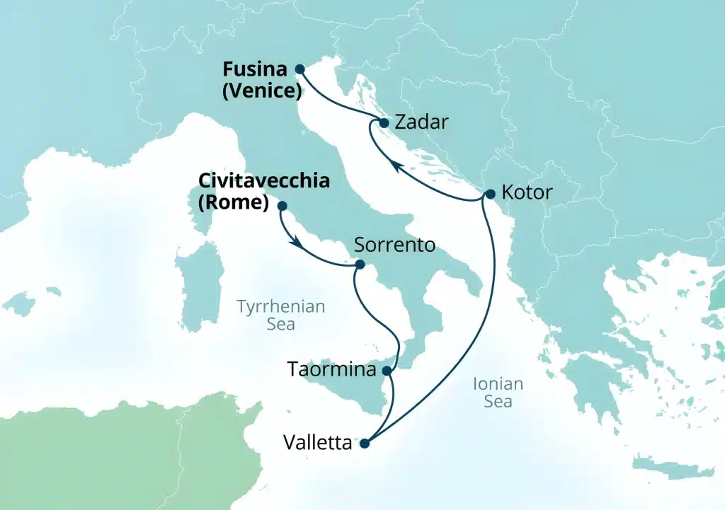 Cruise map from Civitavecchia (Rome) via Sorrento, Taormina, Valletta, Kotor and Zadar to Fusina (Venice).
