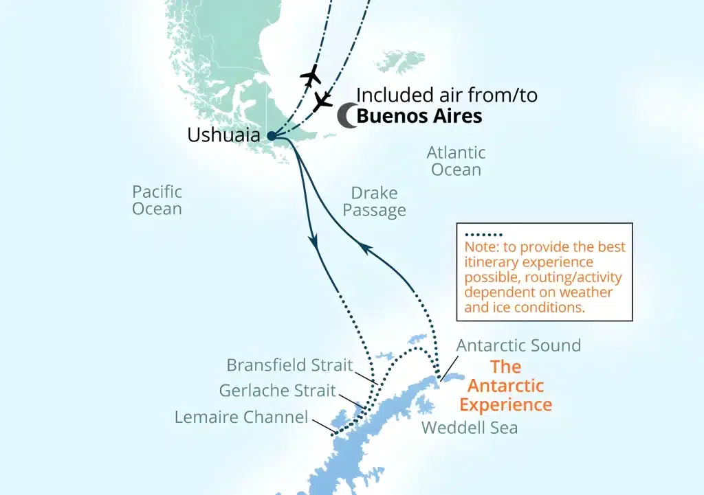 Antarctica cruise map from Ushuaia, with flights to and from Buenos Aires, across the Drake Passage to Bransfield Strait, Gerlache Strait, Lemaire Channel and Antarctic Sound.