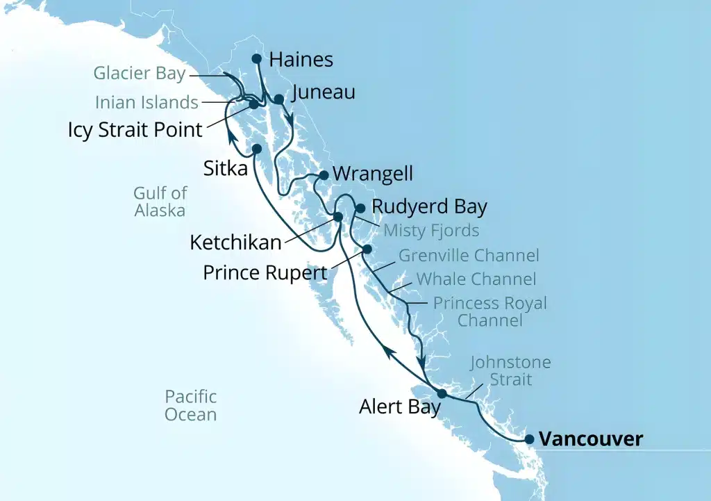 Cruise map round trip from Vancouver via Alert Bay, Ketchikan, Sitka, Icy Strait Point, Glacier Bay, Haines, Juneau, Wrangell, Rudyerd Bay and Prince Rupert.
