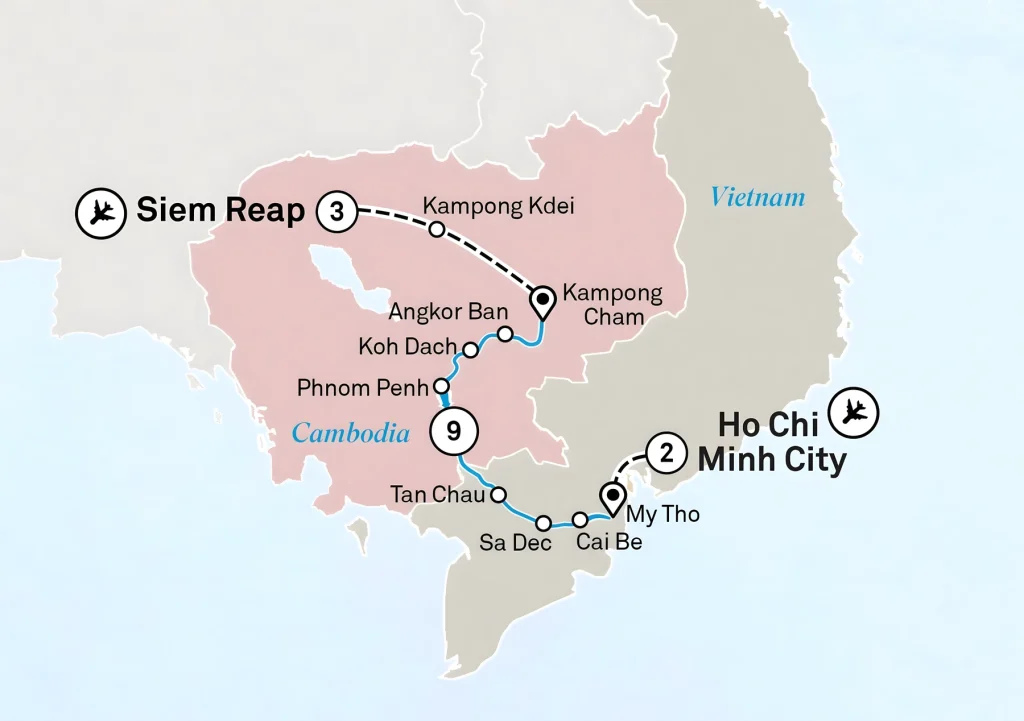 Mekong river cruise map from Siem Reap via Kampong Cham, Angkor Ban, Koh Dach, Phnom Penh, Tan Chau, Sa Dec, Cai Be and My Tho to Ho Chi Minh City.