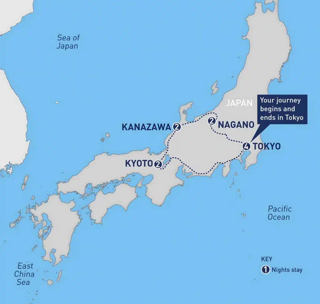 Rail tour map of Japan beginning and ending in Tokyo, linking Nagano, Kanazawa and Kyoto.