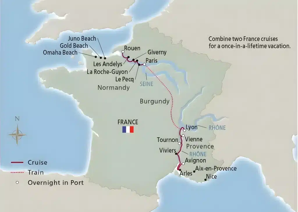 France river cruise map from Paris along the Seine to Rouen and Normandy beaches, then by train to Lyon and along the Rhône to Arles.